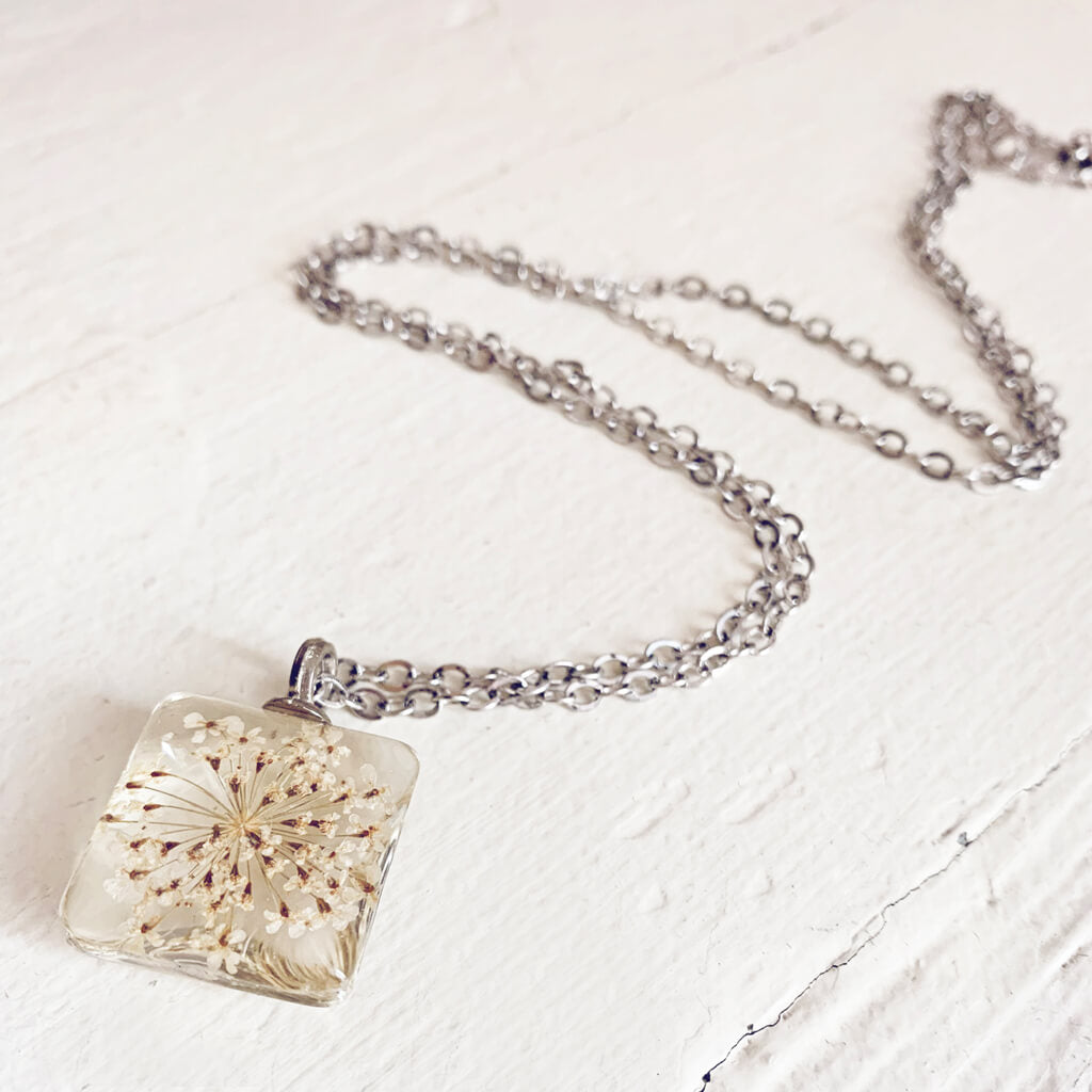 Lace Flower -  square pressed queen anne lace flower glass pendant necklace by Peacock and Lime