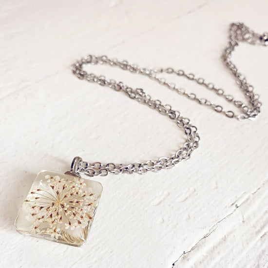 Lace Flower -  square pressed queen anne lace flower glass pendant necklace by Peacock and Lime