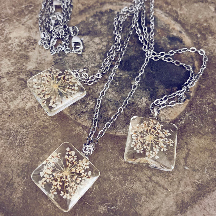 Lace Flower -  square pressed queen anne lace flower glass pendant necklaces by Peacock & Lime