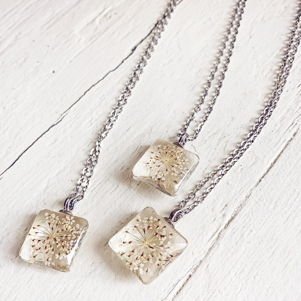 Lace Flower -  square pressed queen anne lace flower glass pendant necklaces by Peacock and Lime