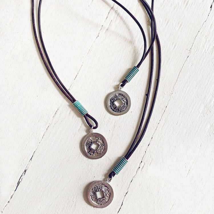 antiquity // men's rustic good luck coin pendant distressed leather necklaces - Peacock & Lime