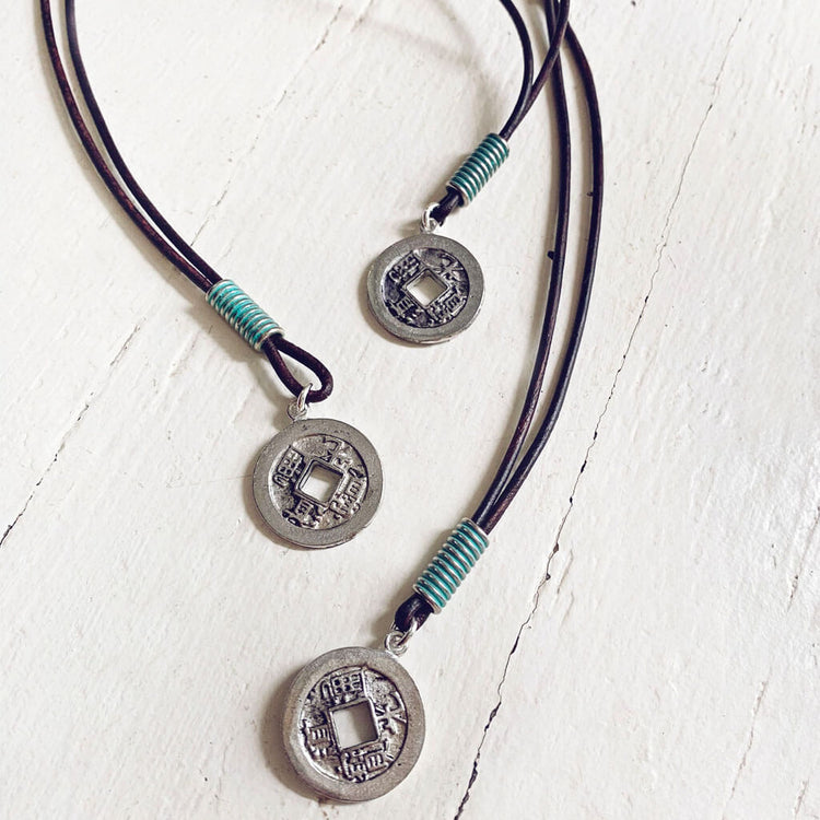 antiquity // men's rustic good luck coin pendant distressed leather necklaces - Peacock & Lime