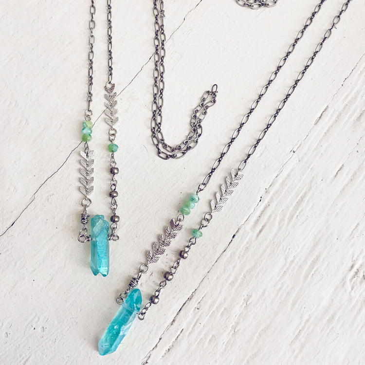aqua aura // blue quartz crystal pendant necklaces by Peacock & Lime
