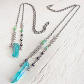aqua aura // blue quartz crystal pendant necklaces by Peacock and Lime
