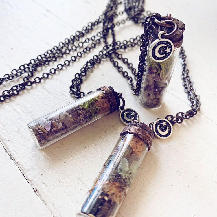 bewitch ii // tall spell jar glass bottle pendant necklace by Peacock & Lime