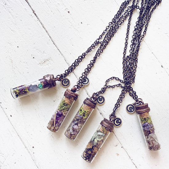 bewitch ii // tall spell jar glass bottle pendant necklaces by Peacock & Lime