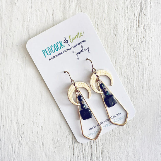 black galaxy // black mica jasper and crescent moon earrings by Peacock and Lime