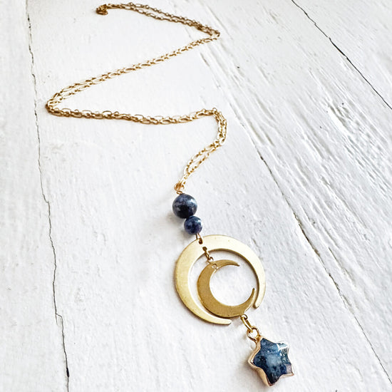 blue moon // brass crescent moon & lapis lazuli star necklace by Peacock & Lime
