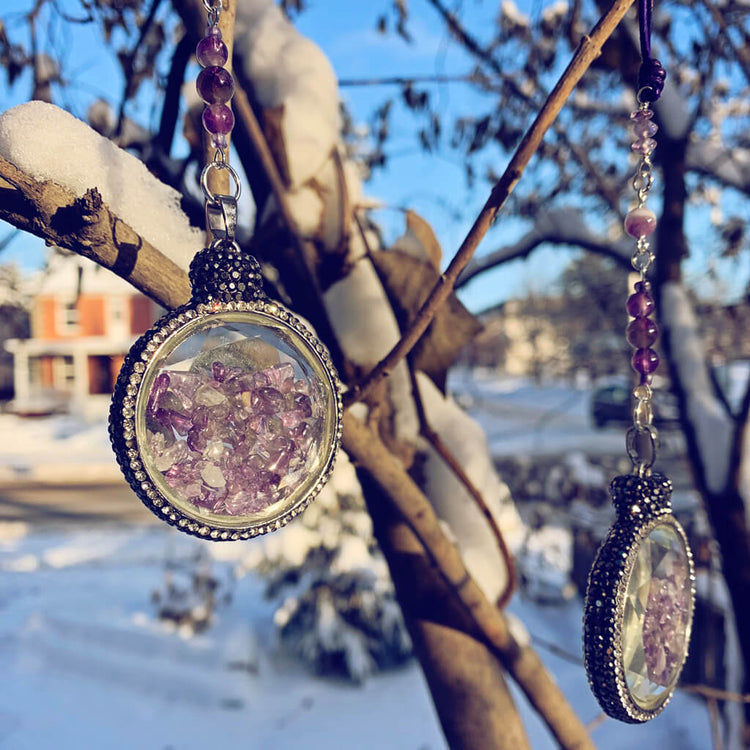 boho sun catcher window ornament - amethyst quartz glass pendant with rhinestone crystal pave border by Peacock & Lime