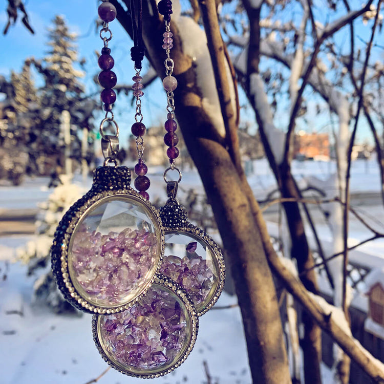 boho sun catcher window ornament - amethyst quartz glass pendant with rhinestone crystal pave border by Peacock & Lime