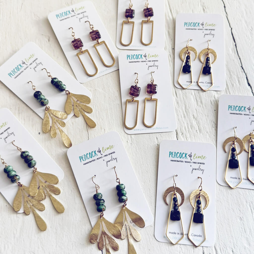 new collection of gemstone bead and czech glass brass dangle earrings by Peacock and Lime