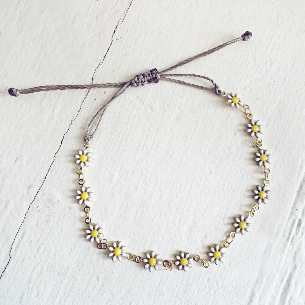 daisy chain // enamel flower and waxed cord adjustable anklet by Peacock and Lime