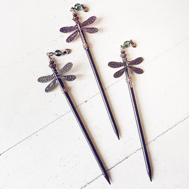 dragonfly realm // wooden dragonfly embellished hairpin, hair stick by Peacock & Lime