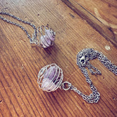 encapsulate silver // caged amethyst quartz crystal gemstone necklace by Peacock & Lime