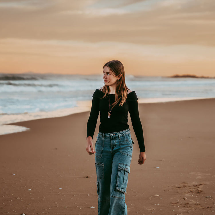 enchantment // copper electroformed crystal gemstone infused roller ball essential oil necklace worn on model - by Peacock and Lime