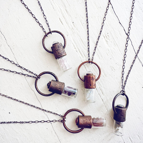 enchantment // copper electroformed crystal gemstone infused roller ball essential oil necklaces - by Peacock and Lime