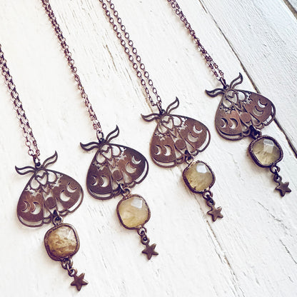 forest moon // copper electroformed moth pendant necklaces by Peacock and Lime