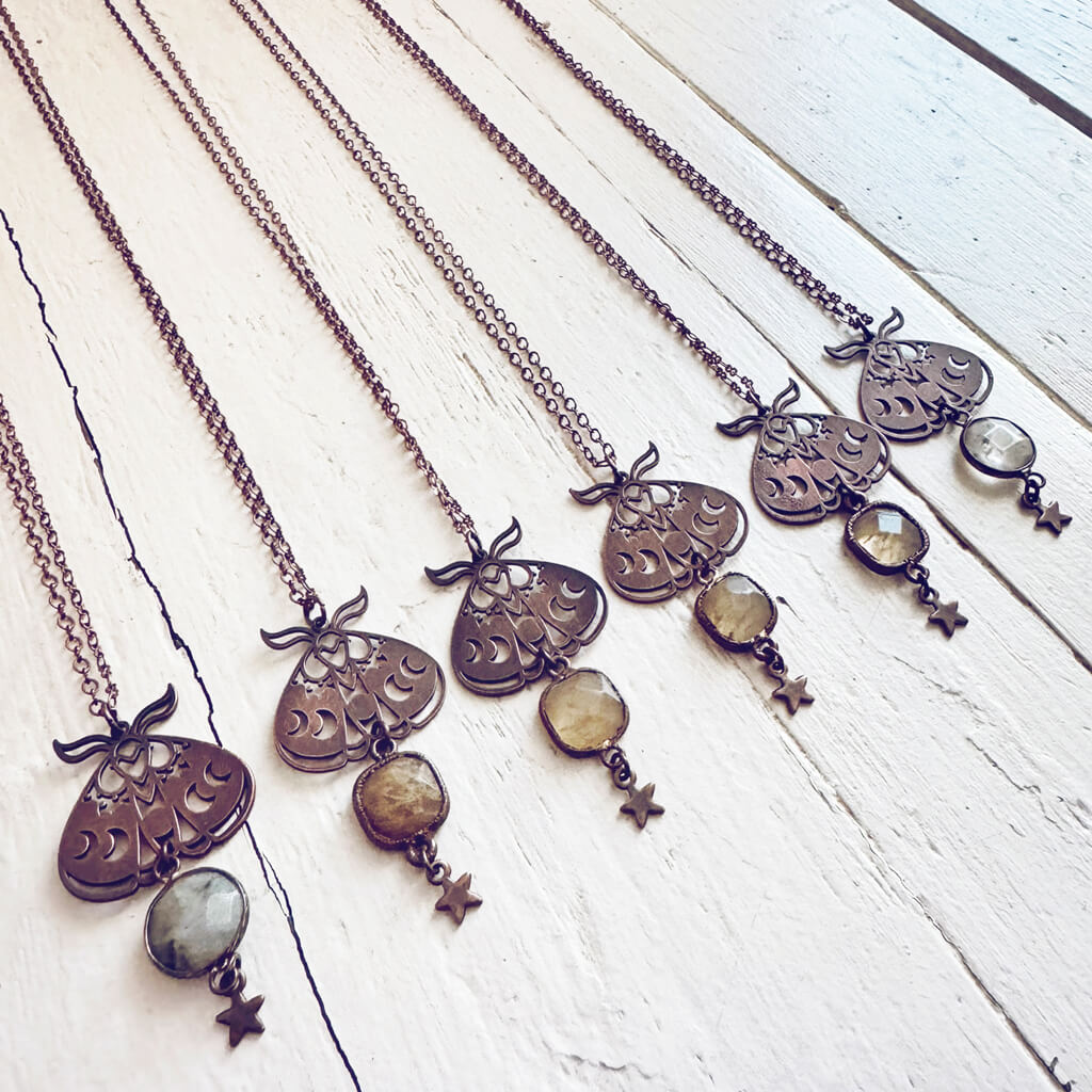 forest moon // copper electroformed moth pendant necklaces by Peacock and Lime