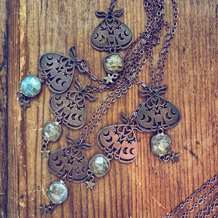 forest moon // copper electroformed moth pendant necklaces by Peacock and Lime