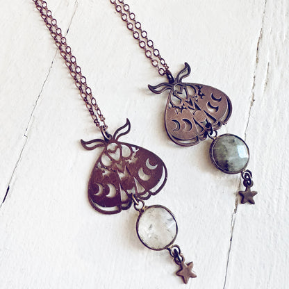 forest moon // copper electroformed moth pendant necklaces with quartz or labradorite by Peacock and Lime