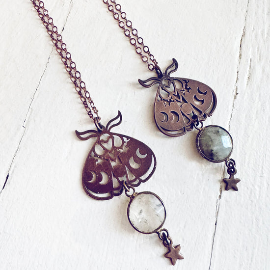 forest moon // copper electroformed moth pendant necklaces with quartz or labradorite by Peacock and Lime