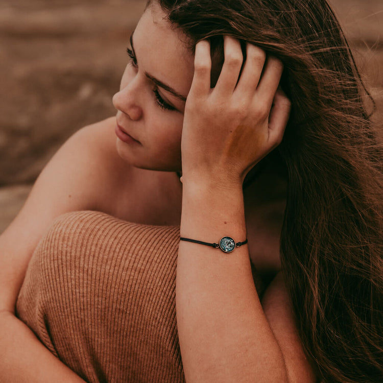 galaxy leather // sparkly celestial leather bracelet - worn on model - by Peacock & Lime
