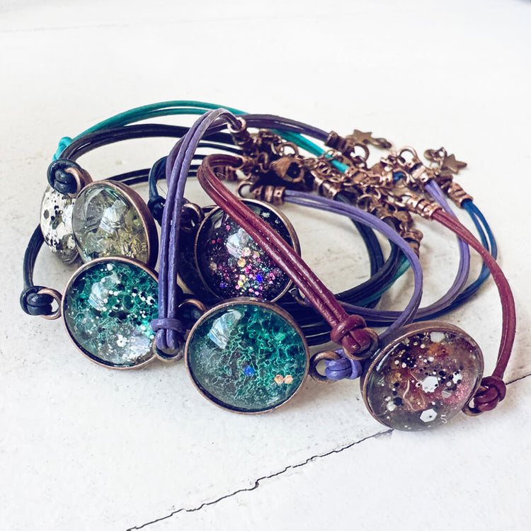 galaxy leather // sparkly celestial leather bracelets by Peacock & Lime