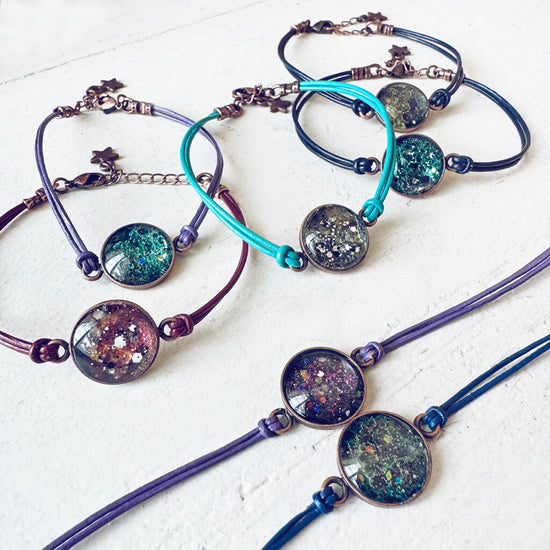 galaxy leather // sparkly celestial leather bracelets by Peacock & Lime