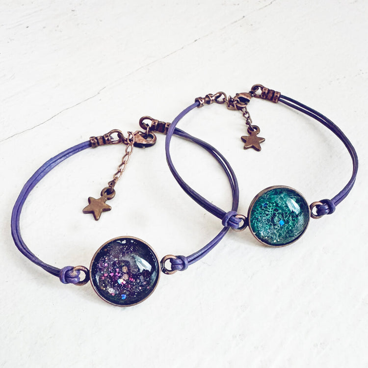 galaxy leather // sparkly celestial leather bracelets - purple leather - by Peacock & Lime