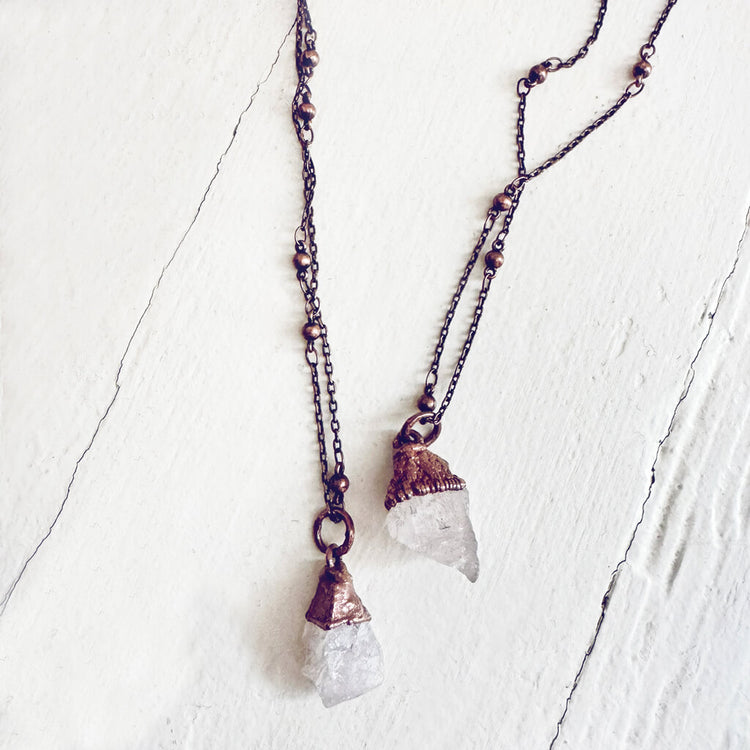 gem // tiny copper electroformed clear quartz pendant necklaces by Peacock and Lime