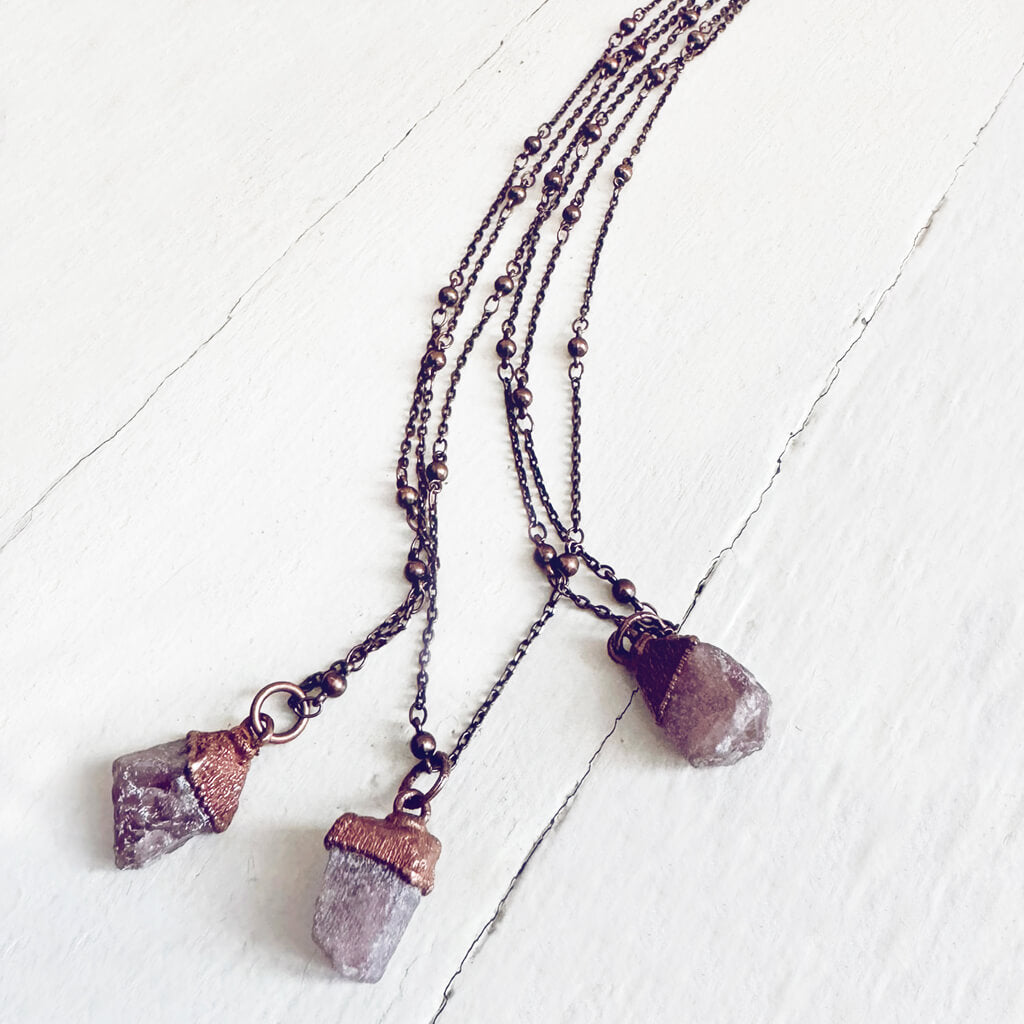 gem // tiny copper electroformed strawberry quartz pendant necklaces by Peacock and Lime