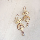 here comes the sun // brass sun moon and beach glass dangle earrings by Peacock & Lime