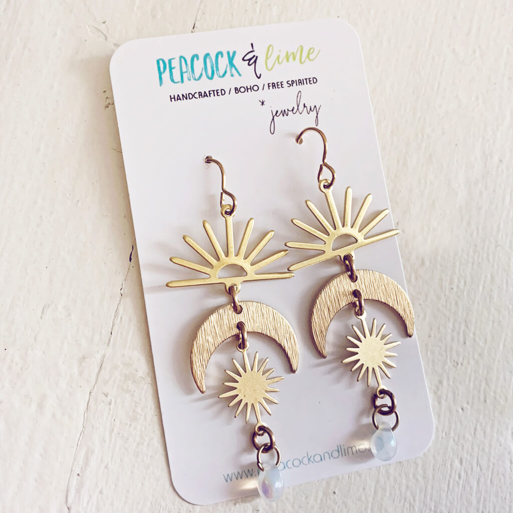 here comes the sun // brass sun moon and beach glass dangle earrings by Peacock & Lime