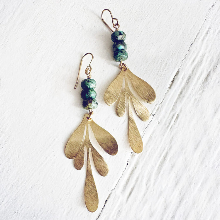 leaf // african turquoise and brass leaf earrings by Peacock & Lime