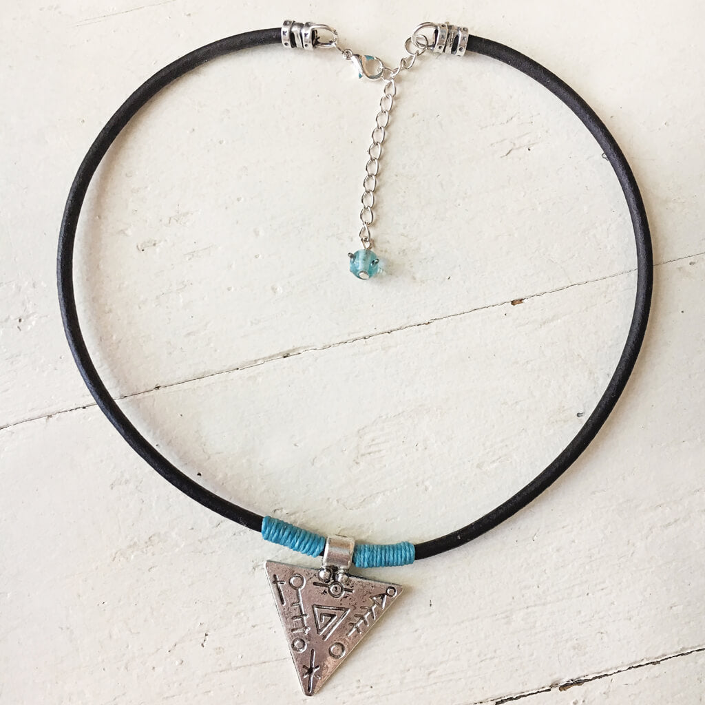 mystic triangle // leather choker necklace - turquoise -  Peacock & Lime