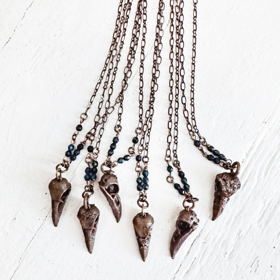 raven skull // copper electroformed 3-d printed pendant necklaces by Peacock & Lime