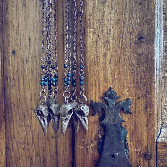 raven skull // copper electroformed 3-d printed pendant necklaces by Peacock and Lime