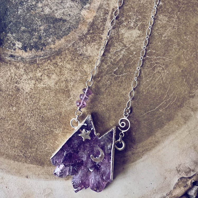 rocky mountain // silver electroformed amethyst slice mountain pendant necklace - Peacock and Lime