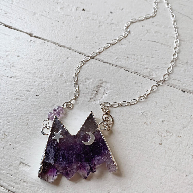 rocky mountain // silver electroformed amethyst slice mountain pendant necklace - Peacock and Lime