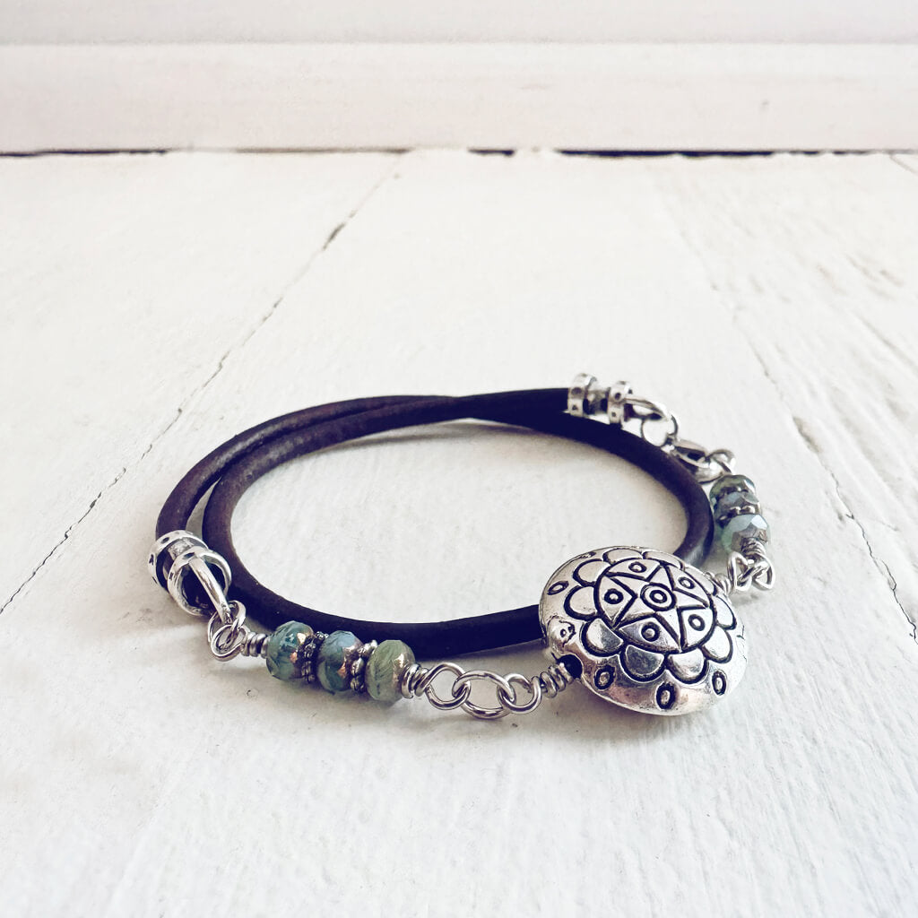 star mandala // silver plated puffed coin & glass bead leather wrap bracelet by Peacock & Lime