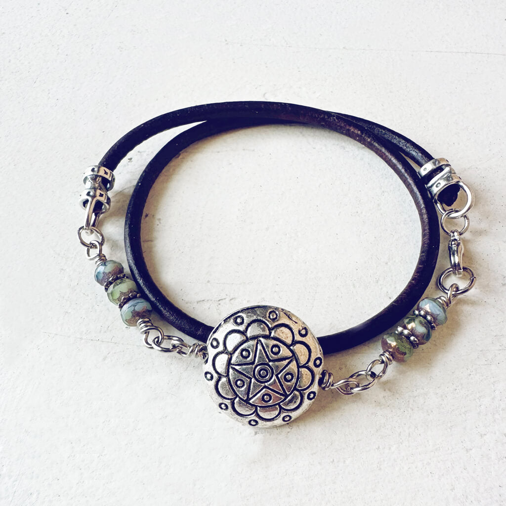 star mandala // silver plated puffed coin & glass bead leather wrap bracelet by Peacock & Lime