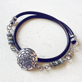 star mandala // silver plated puffed coin & glass bead leather wrap bracelet by Peacock & Lime