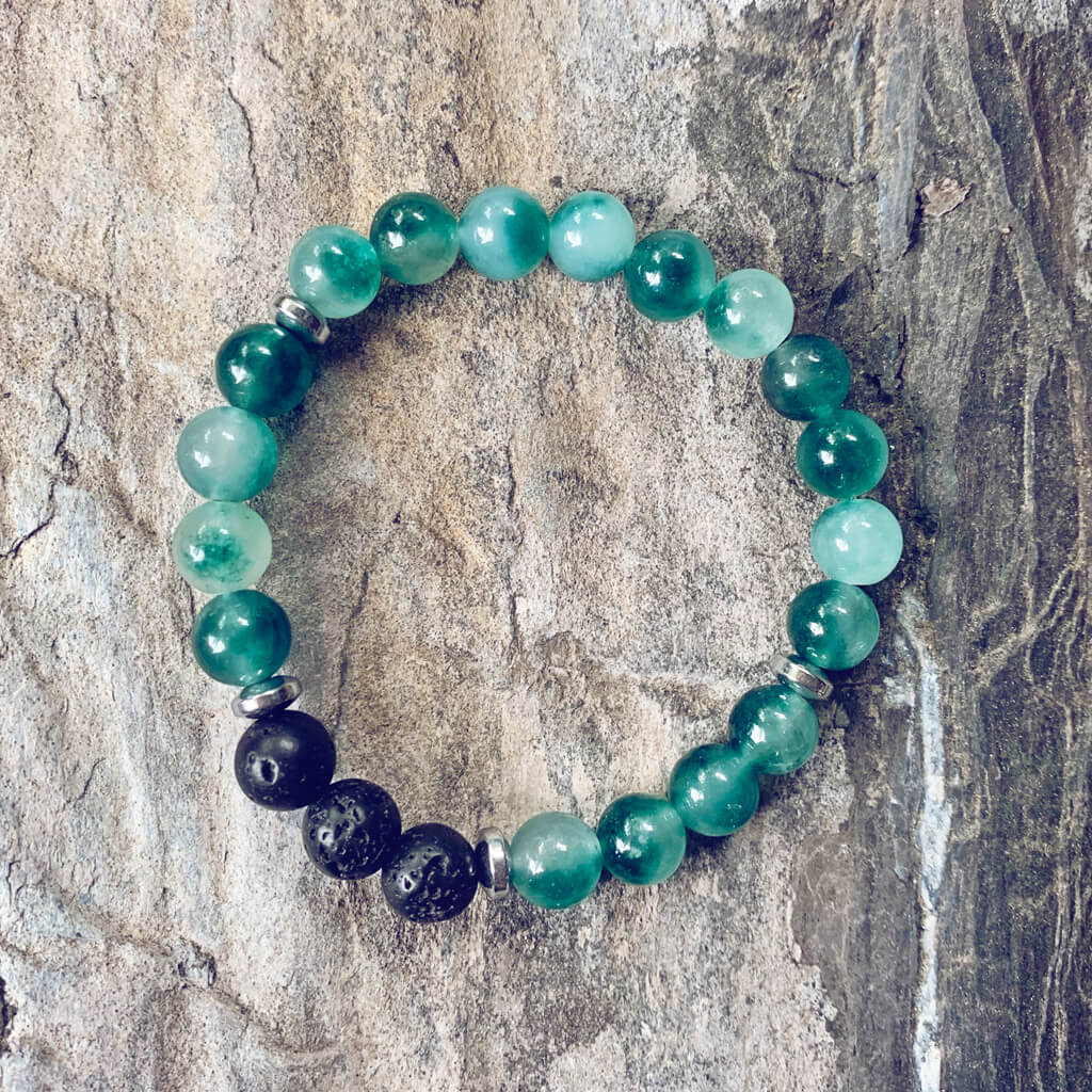 tide / caribbean sea green jade, lava rock and hematite mala bead bracelet - Peacock & Lime