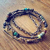 timberline // rustic mountain leather and chain wrap bracelet - Peacock & Lime