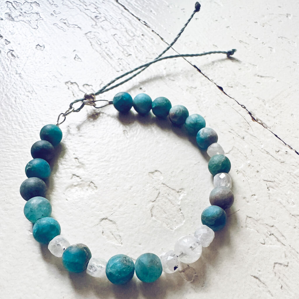 tiny treasure // mini gemstone bead stacking bracelet - pacific blue apatite & moonstone  by Peacock & Lime