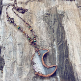 under an amethyst moon - Luna - copper electroformed crescent moon amethyst slice bohemian necklace - Peacock & Lime