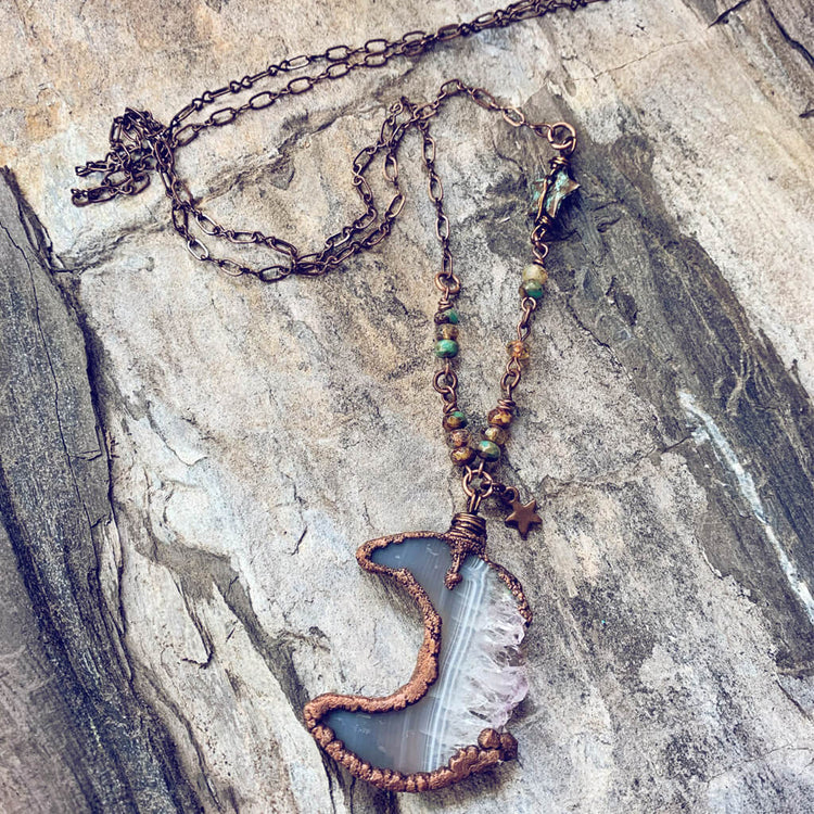 under an amethyst moon - Luna - copper electroformed crescent moon amethyst slice bohemian necklace - Peacock & Lime