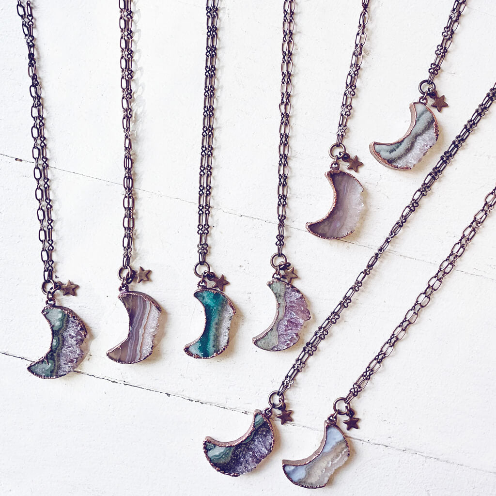 Under an Amethyst Moon // copper electroformed crescent moon pendant necklaces by Peacock & Lime