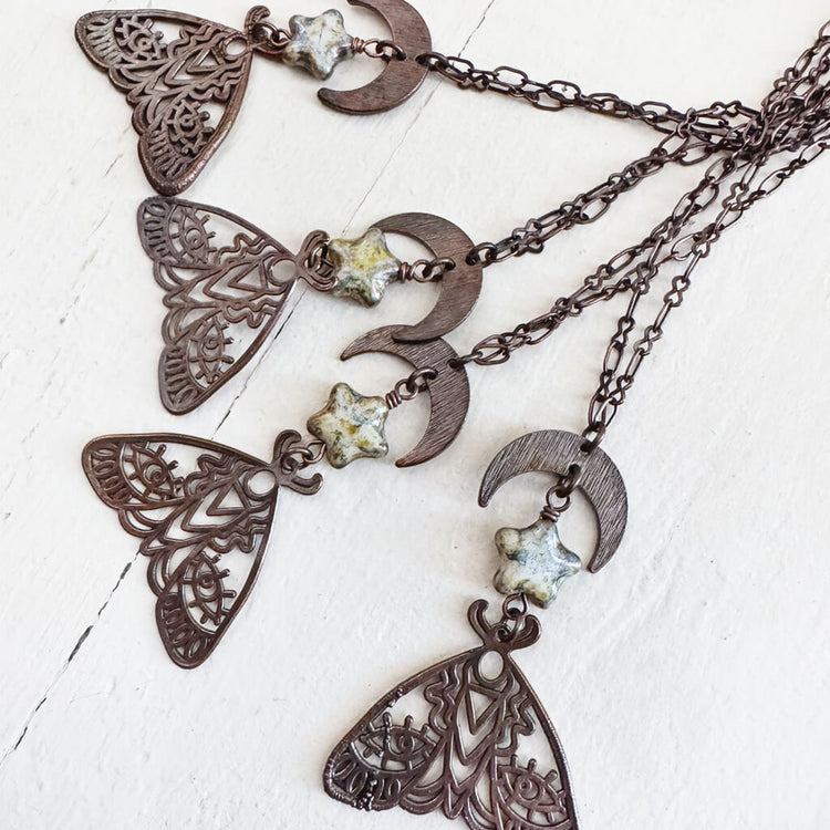 forest moon // copper electroformed moth pendant necklace - czech glass star by Peacock and Lime