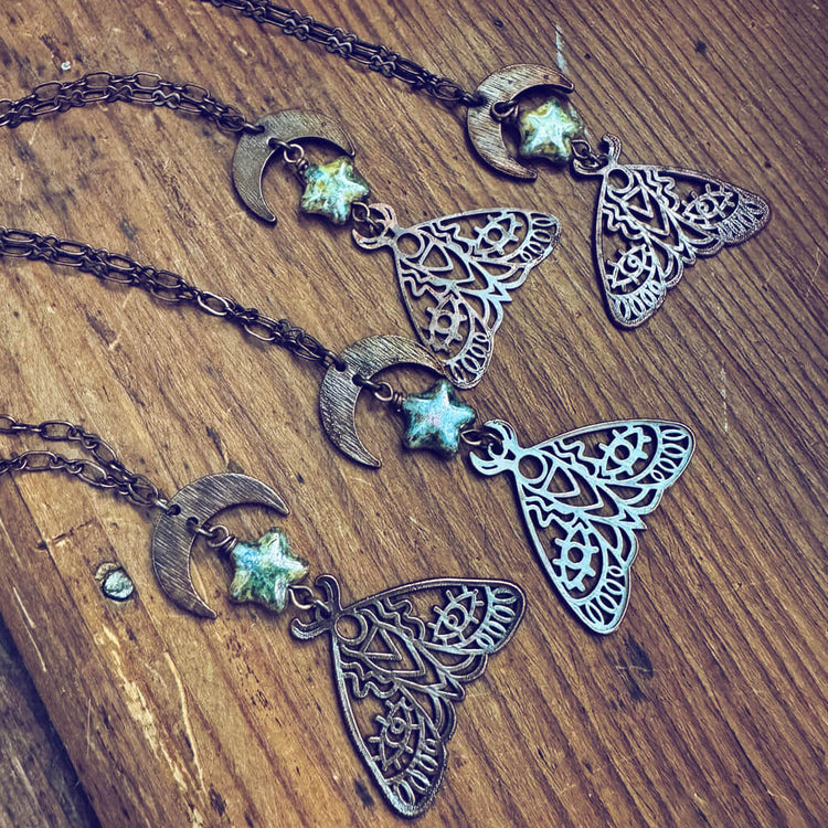 forest moon // copper electroformed moth pendant necklace - czech glass star by Peacock and Lime